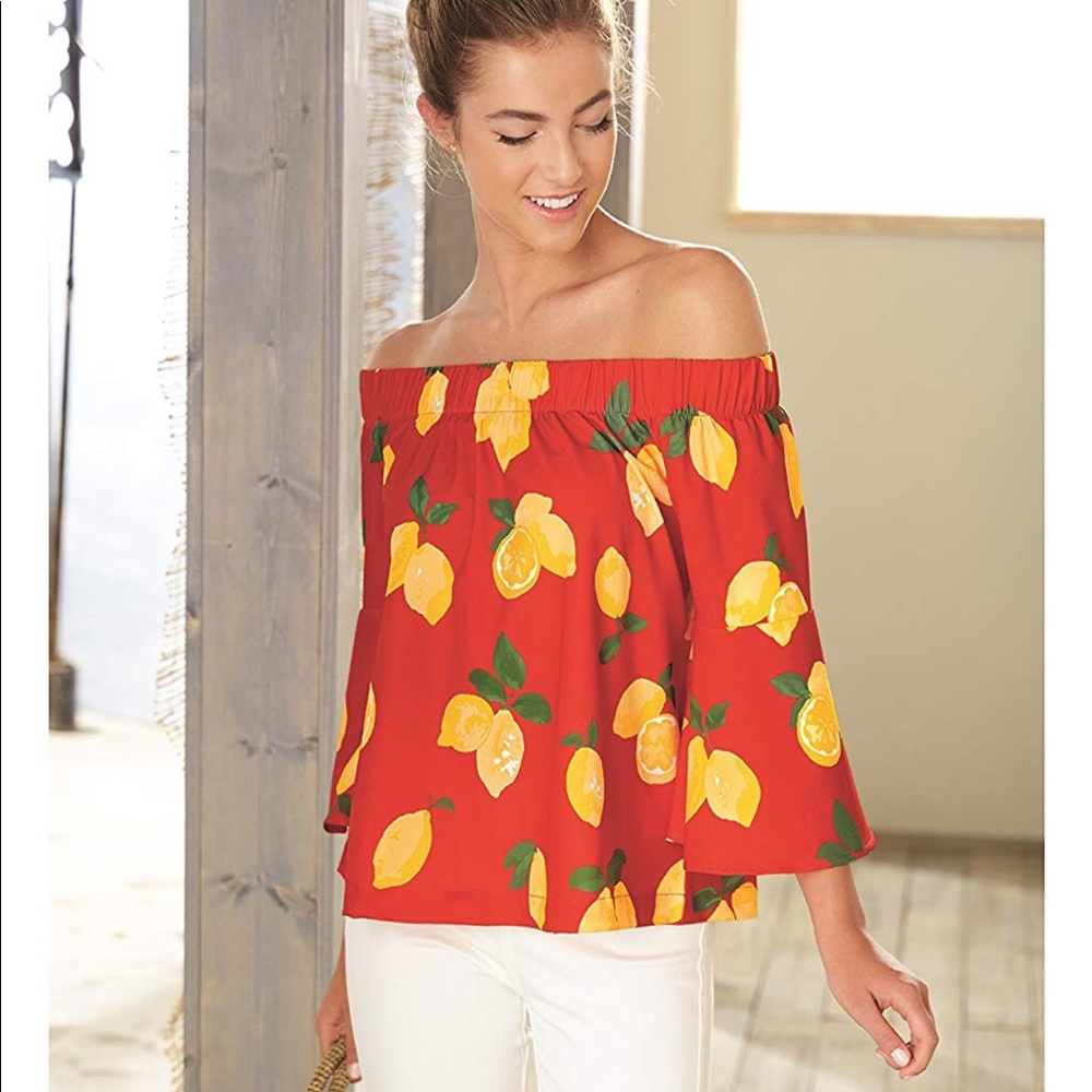 Mud Pie Red Lemon Print Off-Shoulder Blouse